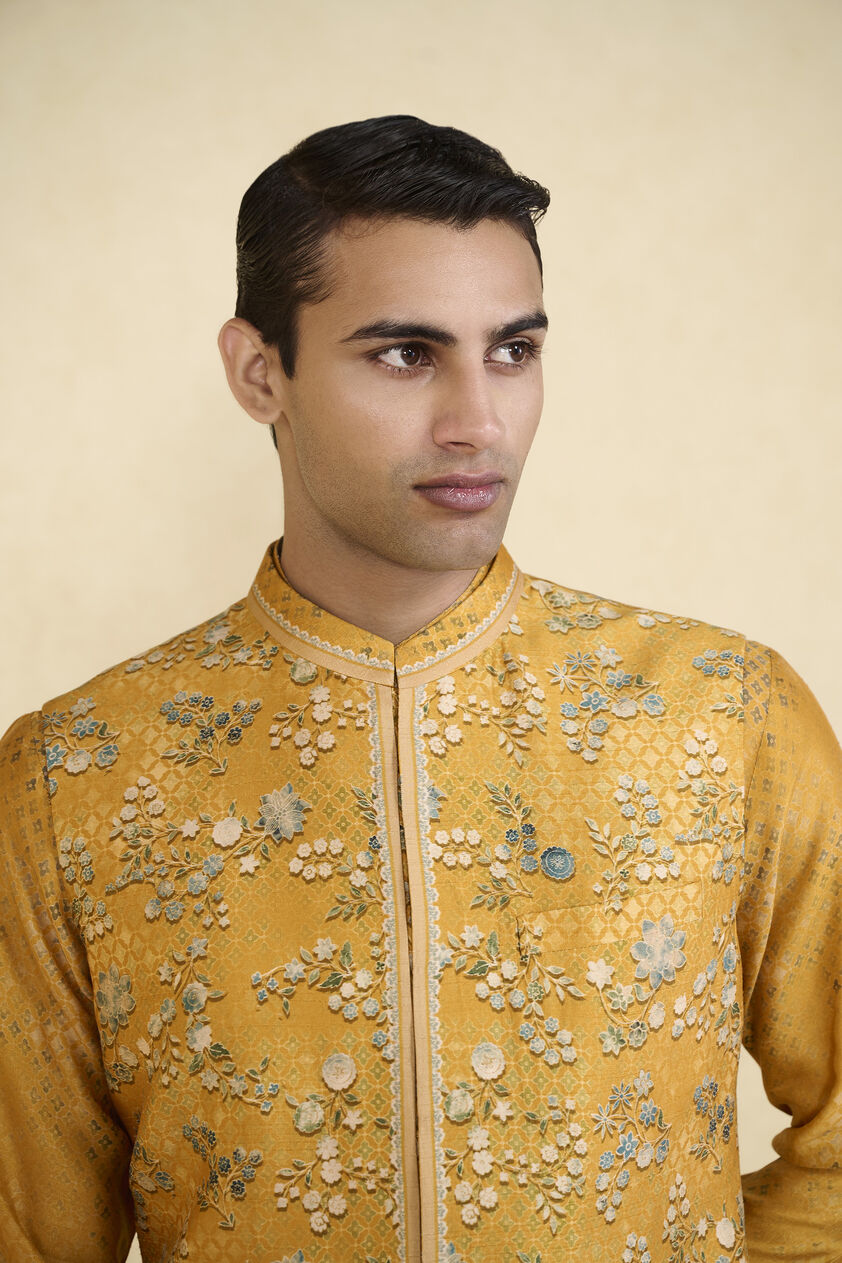 Zarghun Printed Silk Nehru Jacket - Mustard, Mustard, image 5
